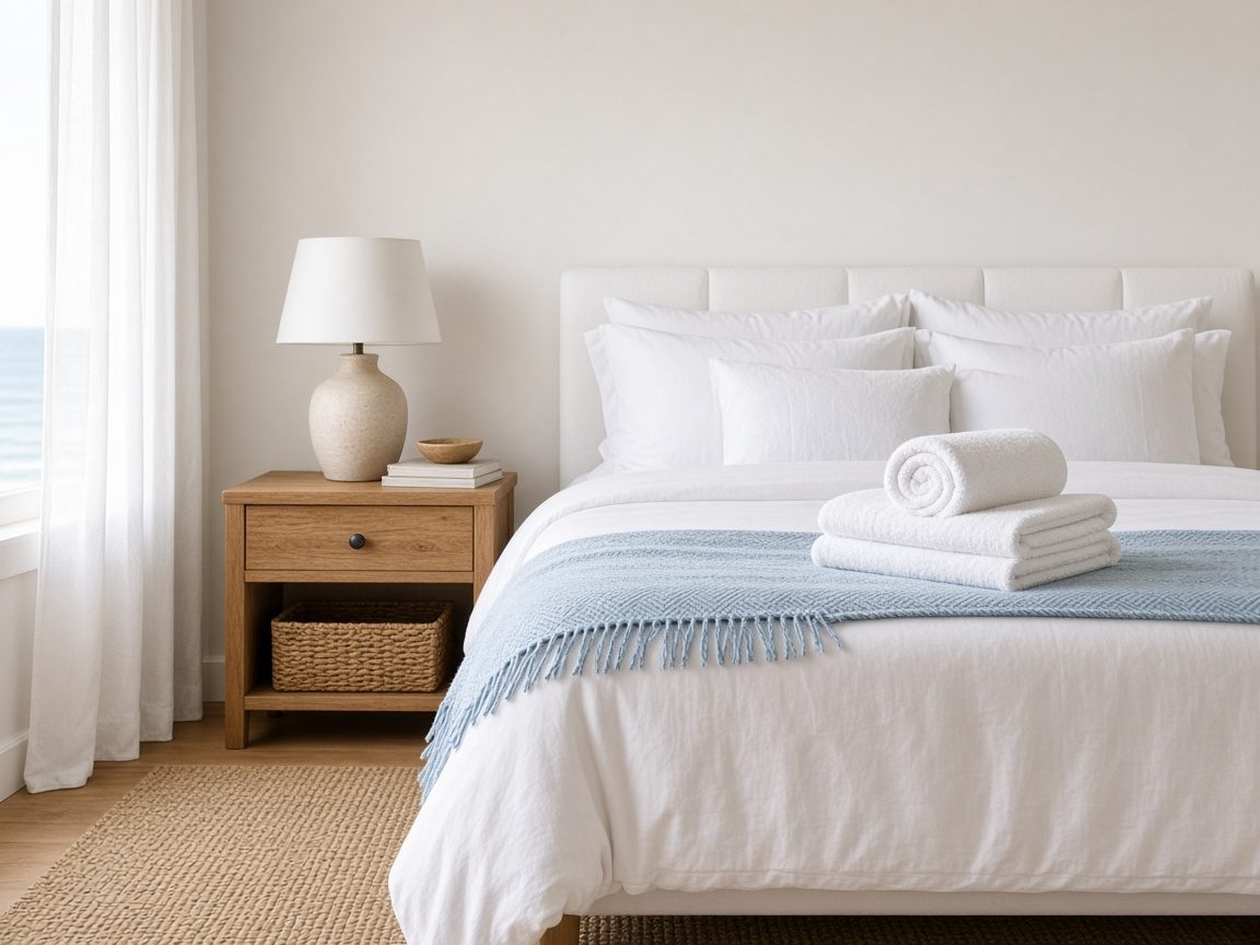 Freshly made rental bed with folded towels (placeholder photo)